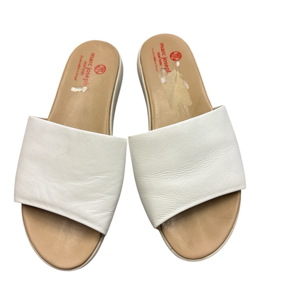 Marc Joseph White Leather Slide Sandals with Tan Footbed